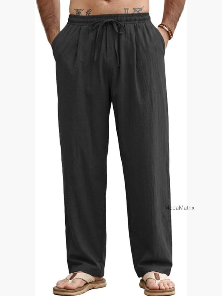 Linen Cotton Casual Pants Elastic Waist Drawstring Loose Fit Summer